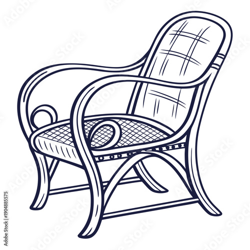 A vintage rocking chair with intricate wicker design and comfortable cushions