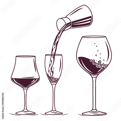 Illustration of wine being poured from a bottle into three different glasses