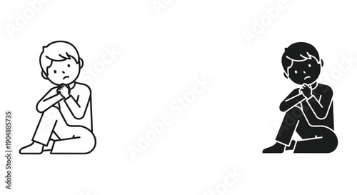 Two boys sitting with hands clasped in contemplation, simple line art illustration