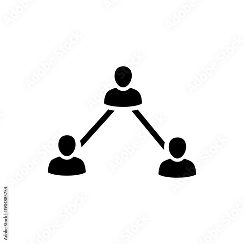 A simple black graphic depicting three connected people a network silhouette