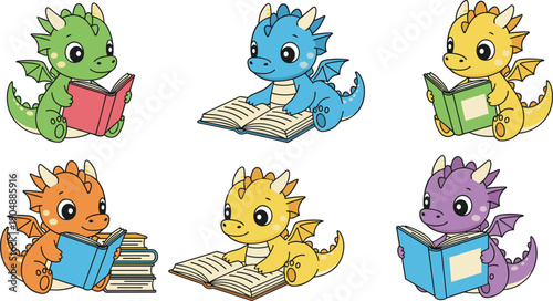 Cute Baby Dragon Reading Books Collection Fantasy Cartoon Characters Flat Vector Illustration Set