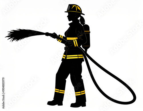 Powerful Female Firefighter Silhouette Vector Illustration: Brave Woman in Uniform Holding Fire Hose, Showcasing Emergency Rescue, Public Safety, and Career Strength.
