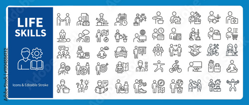 Life Skills and Personal Development Outline Vector Icon Set — Editable Stroke Line Icons for Web and App UI