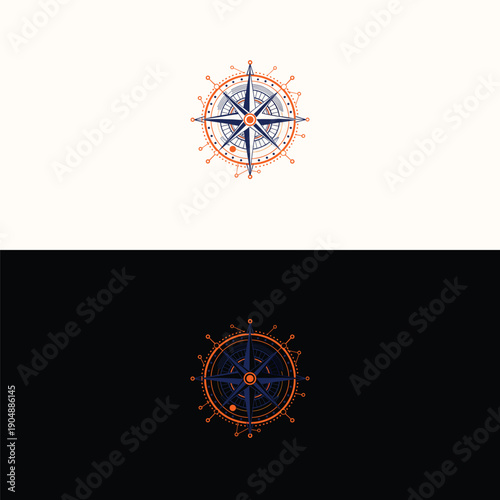 A sophisticated and richly textured nautical compass rose icon, intricately designed within a ship's wheel frame, showcasing a bold blue and orange palette, perfect for maritime themes and adventure.
