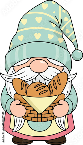 Cute Gnome Holding Basket of Fresh Bread Bakery Illustration