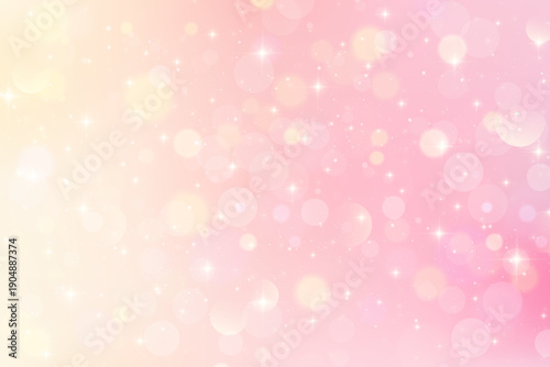 Light pink background with bokeh and soft glitter. Pastel beige and golden fantasy blurred gradient with shiny sparkles and ivory elegant glow. Minimal lovely cute vector backdrop