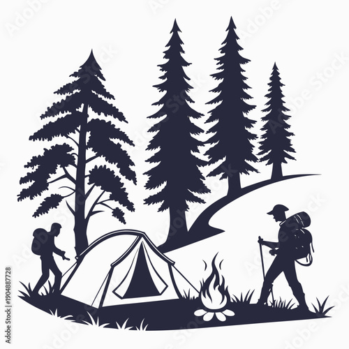 A group of hikers and campers enjoying a scenic forest with tents and trees