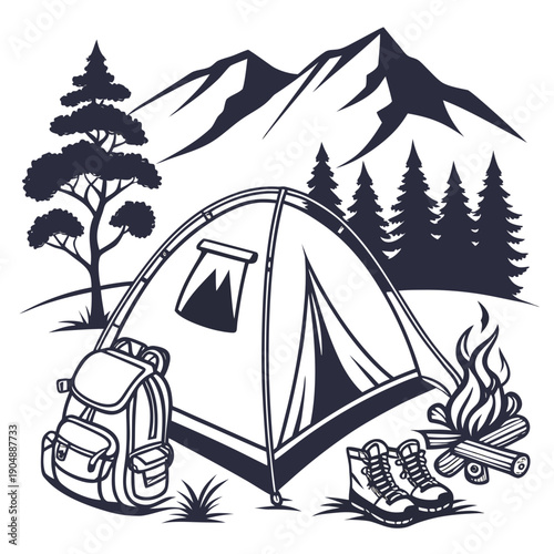 A scenic campsite nestled in the mountains with a tent and a campfire.