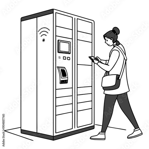 A person using a smartphone to interact with a smart locker in a public space.