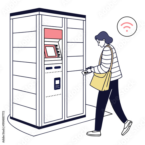 A woman is using an atm machine to withdraw money in a public place