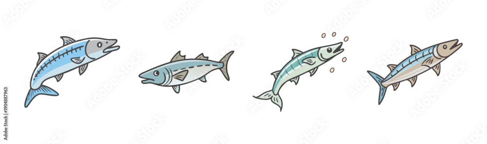 Obraz premium Four stylized barracuda fish swimming in water with bubbles, cartoon style