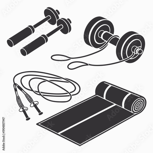 Set of exercise equipment including dumbbells, resistance bands, and a yoga mat