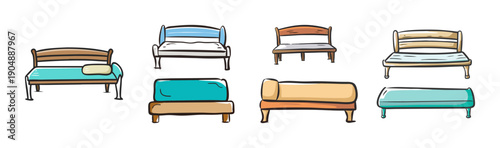 Variety of hand-drawn bed benches and daybeds in different styles and colors