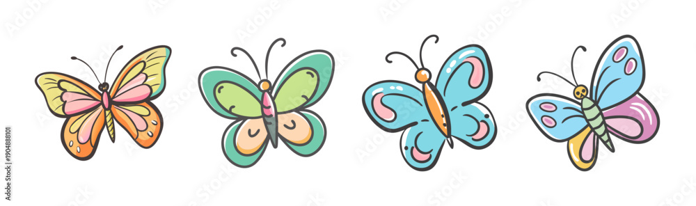 Obraz premium Four whimsical cartoon butterflies in vibrant colors and delicate designs