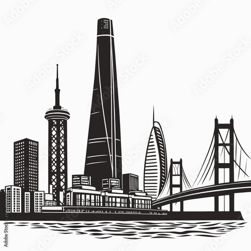 Skyline of a modern city with iconic buildings and a bridge over water