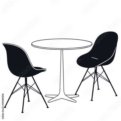 Modern dining set with round table and two black chairs.