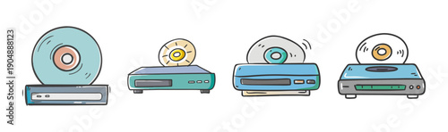Collection of four cartoon CD and DVD players with discs, different designs