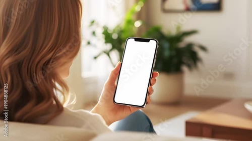 Hand holding mobile smartphone with blank white screen mockup in modern living room interior background with plants for app design presentation and website display copy space branding.
