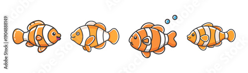 Four adorable clownfish with orange and white stripes, isolated.