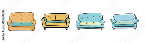 Four colorful couches and sofas, hand-drawn illustration