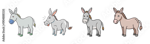 Cute cartoon donkeys standing and walking, farm animal, rural life illustration