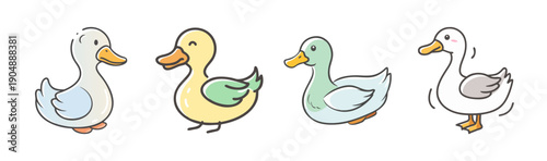 Four cute cartoon ducks in watercolor style, isolated on white background.
