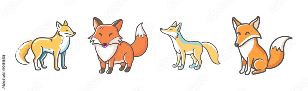 Fototapeta premium Group of four cute cartoon foxes in various poses on white background