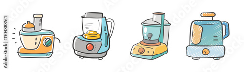 Four different models of colorful cartoon food processors on white background