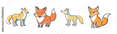 Group of four cute cartoon foxes in various poses on white background
