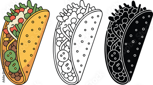 Taco silhouette & Outline and illustration set isolated on transparent background