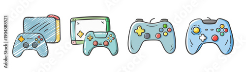 Set of four colorful cartoon gaming consoles and controllers on white background
