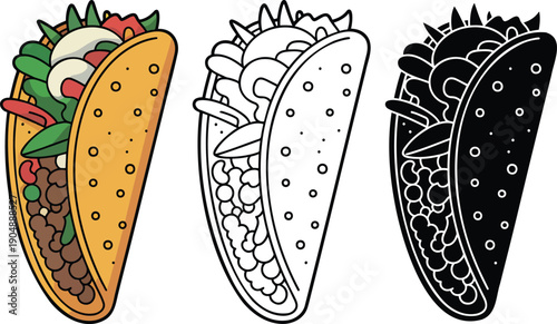 Taco silhouette & Outline and illustration set isolated on transparent background