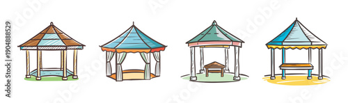 Four colorful hand-drawn gazebos in different styles and colors