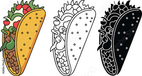 Taco silhouette & Outline and illustration set isolated on transparent background