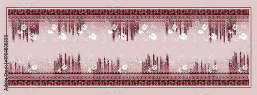 Modern Pink Floral scarf with Digital Glitch Effect and Geometric Border