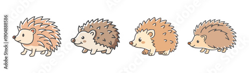 Four adorable cartoon hedgehogs in various poses and colors