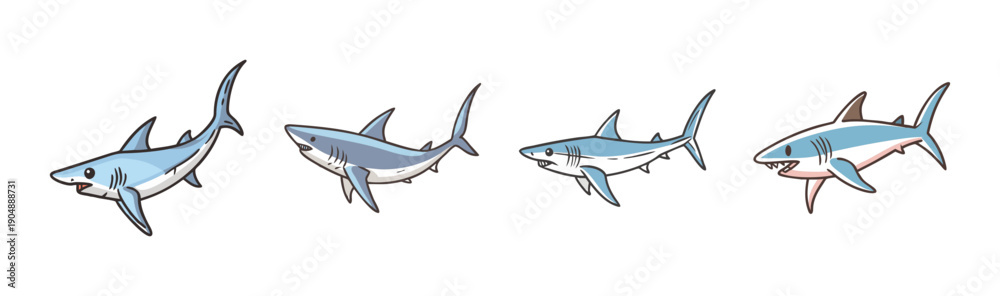 Fototapeta premium Mako shark icons, predatory marine animals in ocean illustration