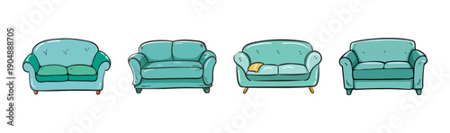 Set of four hand-drawn teal loveseats and sofas for home decor