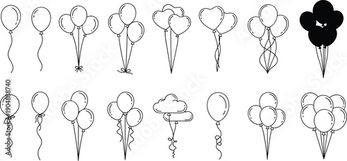 Balloon Line Icon Set Featuring Single And Grouped Balloons Heart Shapes Party Decoration Celebration Symbols Black And White Vector Illustration Isolated On White Background