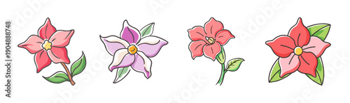Mandevilla flower icons, pink and purple blooming plant illustration