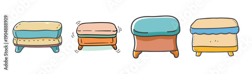 Four colorful cartoon ottomans, footstools, and poufs, isolated vector.