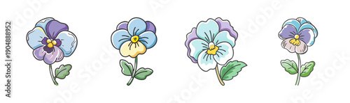 Four cute cartoon pansy flowers with green leaves, isolated on white.