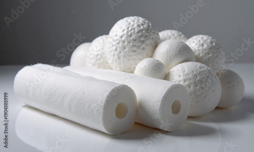 White porous cylinders and spheres on a gray background illustration