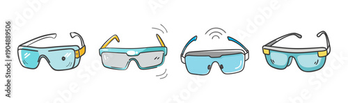 Set of four futuristic smart glasses with digital displays and antennas