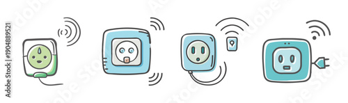 Collection of four hand-drawn smart plugs with wifi signals and electrical outlets