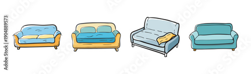 Collection of four colorful hand-drawn sofa beds in various styles.