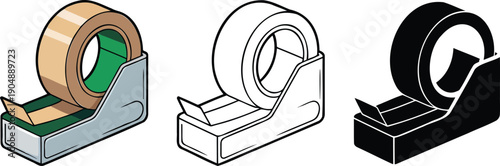 Tape dispenser silhouette & Outline and illustration set isolated on transparent background