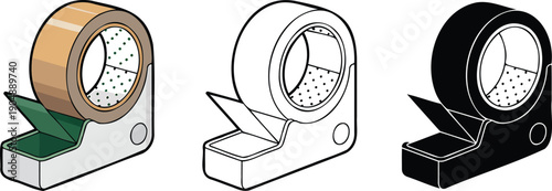 Tape dispenser silhouette & Outline and illustration set isolated on transparent background