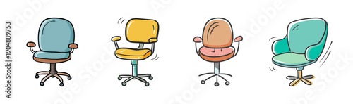 Four office swivel chairs in different colors and styles, cartoon style