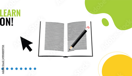 Digital learning concept illustration with open book, pencil, cursor arrow, online education design, creative study tools, modern academic success